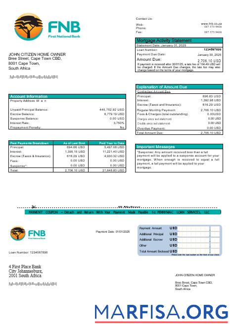 Realistic South Africa First National Bank (FNB) mortgage statement in Word and PDF formats template